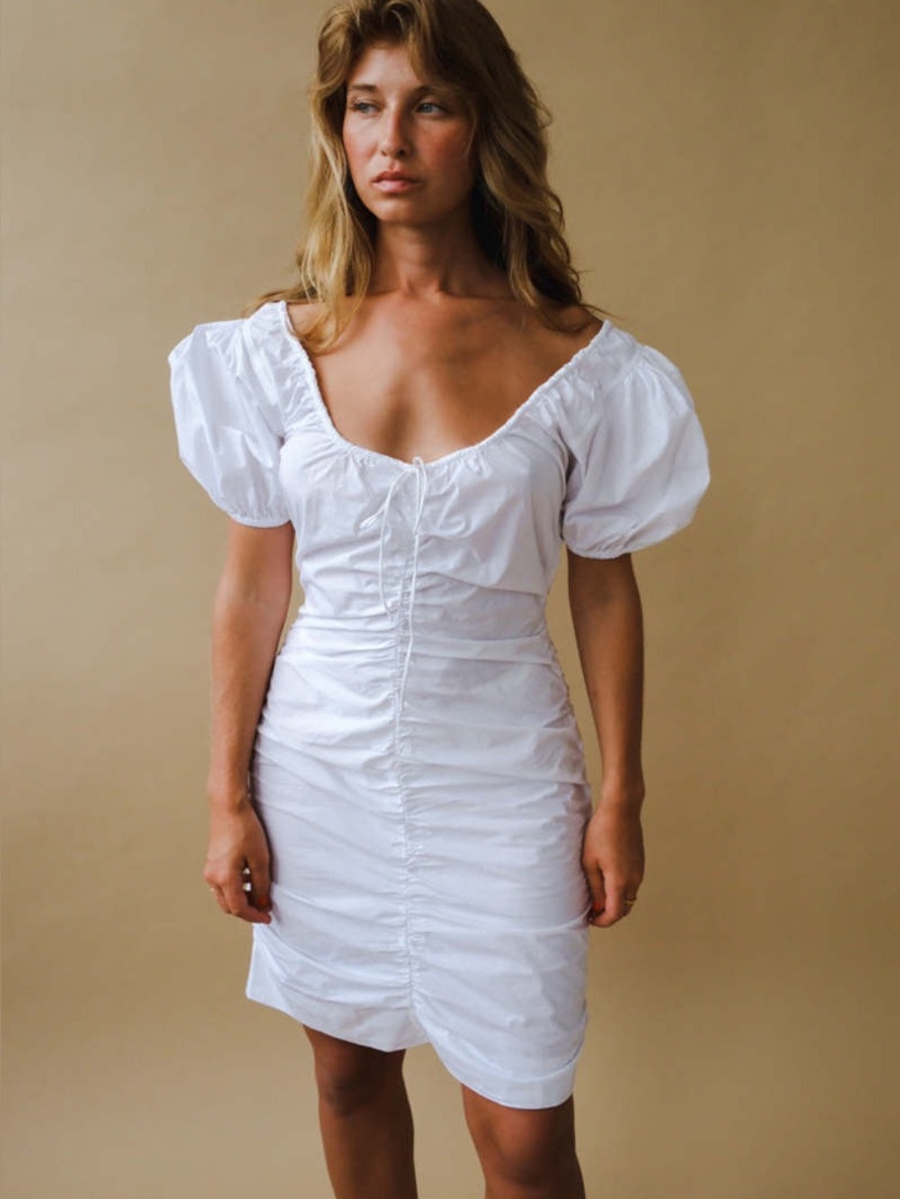 NWT Ganni 100% Organic Cotton Poplin Gathered Mini Dress Small 36 White Cottage